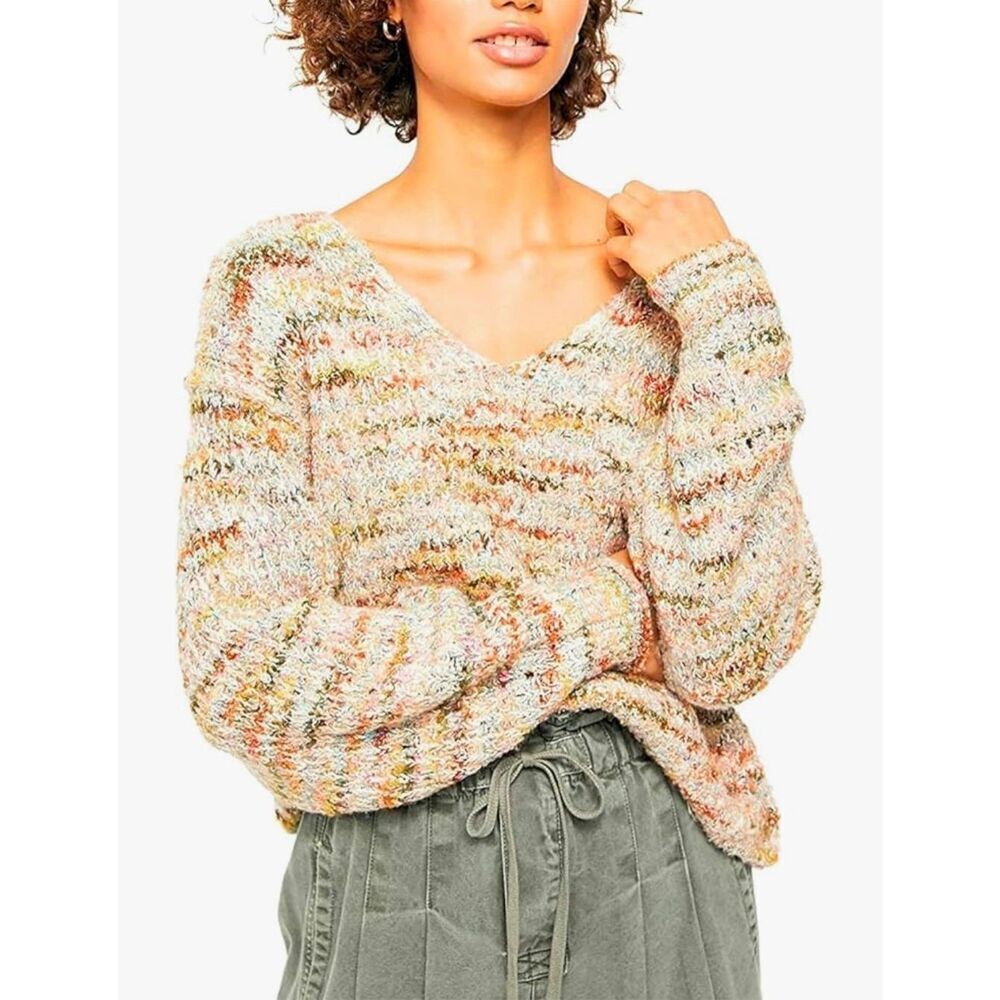 Free People Womens Highland Cable Knit Oversized V-Neck Sweater Size Small